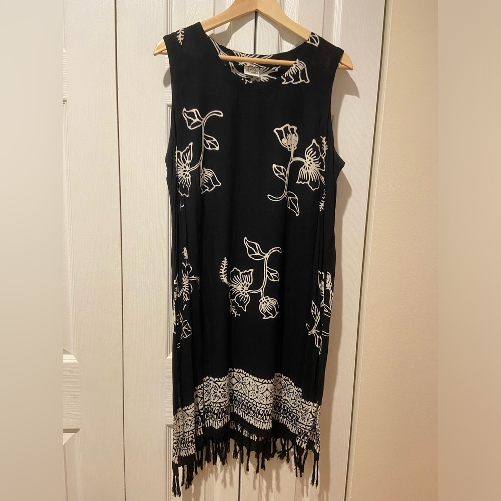 Black Midi Dress with White Floral and Fringe Border